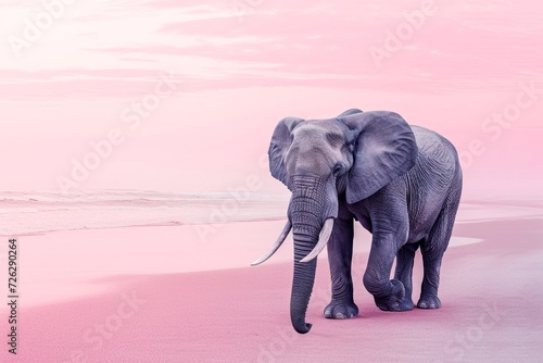 A majestic indian elephant gracefully traverses the serene pink sands of an african beach  its magnificent tusk glistening in the warm sunlight against the vivid blue sky  showcasing the beauty and w