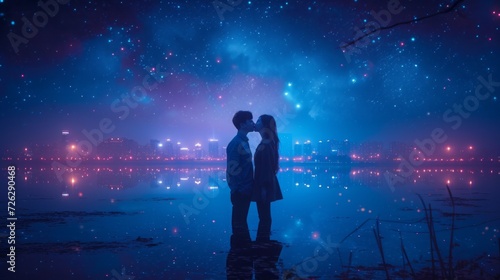 Lovers man and girl against background night city, night starry sky and horizon.