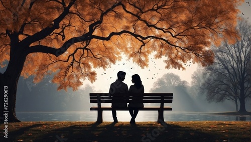 Silhouetted couple sit on a bench in autumn season under tree