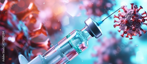 3D illustration of a medical needle entering a vial containing a COVID-19 vaccine concept. photo