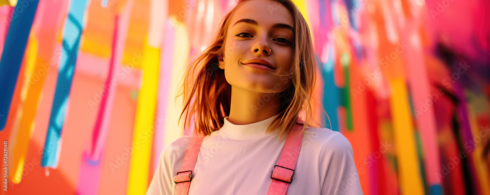 Young Girl Standing in Front of Multicolored Background Young Girl Standing in Front of Multicolored Background
