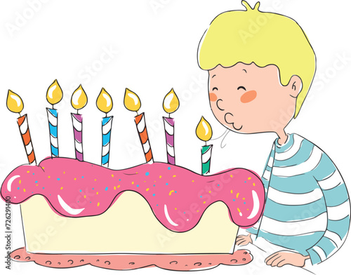 Cartoon little boy blowing out candles. Isolated on white
