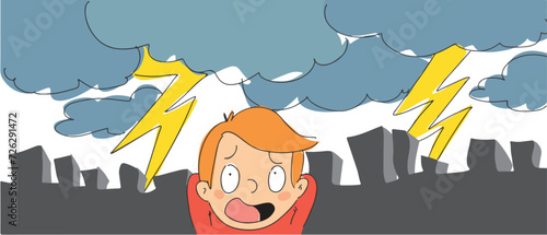Child fears vector. Scared little boy afraid of lightning and thunderstorm outdoors. Terrified kid feel stressed and frightened bed weather.