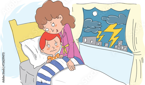 The boy who is afraid of lightning. The child is afraid of thunder and cannot sleep. The mother comes to the bed of the child who is afraid of lightning.
