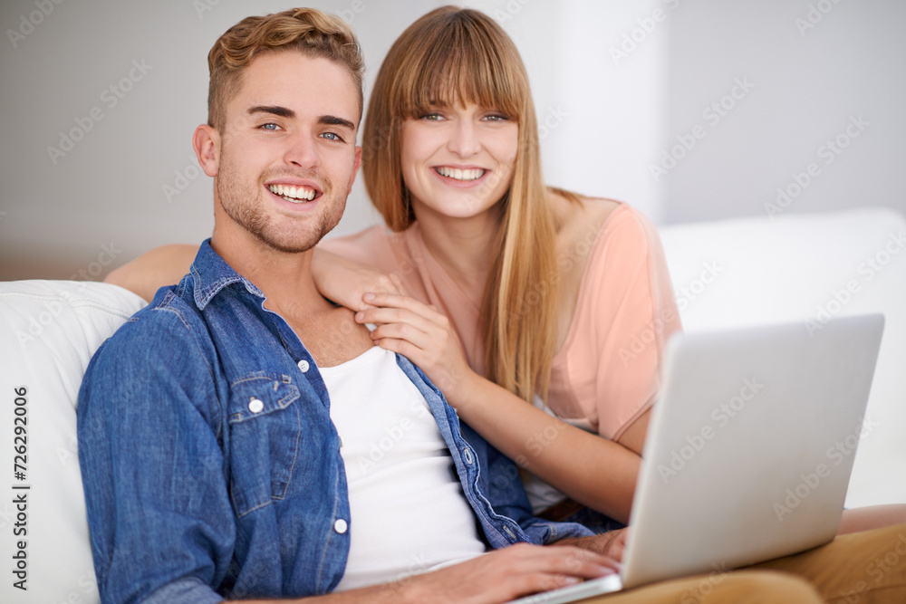 Happy couple, portrait and relax with laptop on sofa, watch movies and streaming with subscription in home. Smile, man and woman on couch with computer on website, blog or social media on internet Happy couple, portrait and relax with laptop on sofa, watch movies and streaming with subscription in home. Smile, man and woman on couch with computer on website, blog or social media on internet