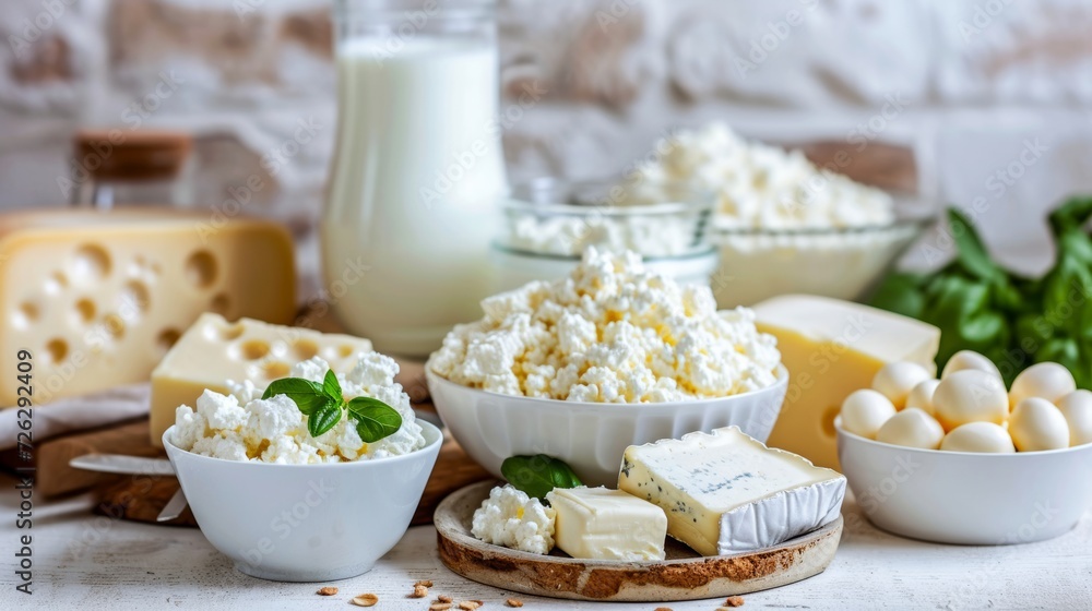 A mouth-watering spread of dairy-based snacks and ingredients fills a table, with bowls of cheese and other vegetarian staples inviting a cozy indoor meal A mouth-watering spread of dairy-based snacks and ingredients fills a table, with bowls of cheese and other vegetarian staples inviting a cozy indoor meal