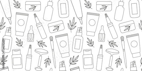 Outline organic cosmetics seamless pattern. Natural facial care. Everyday beauty routine. Linear background, wrapping paper. Line art. photo