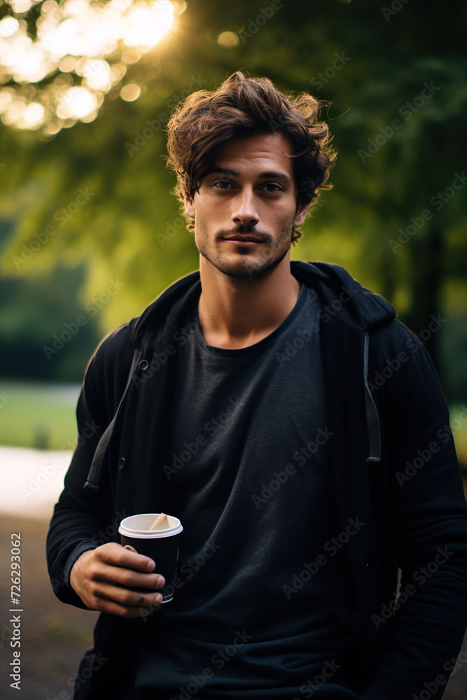 handsome young man with a coffee cup in his hand international coffee day photography, Generative AI handsome young man with a coffee cup in his hand international coffee day photography, Generative AI