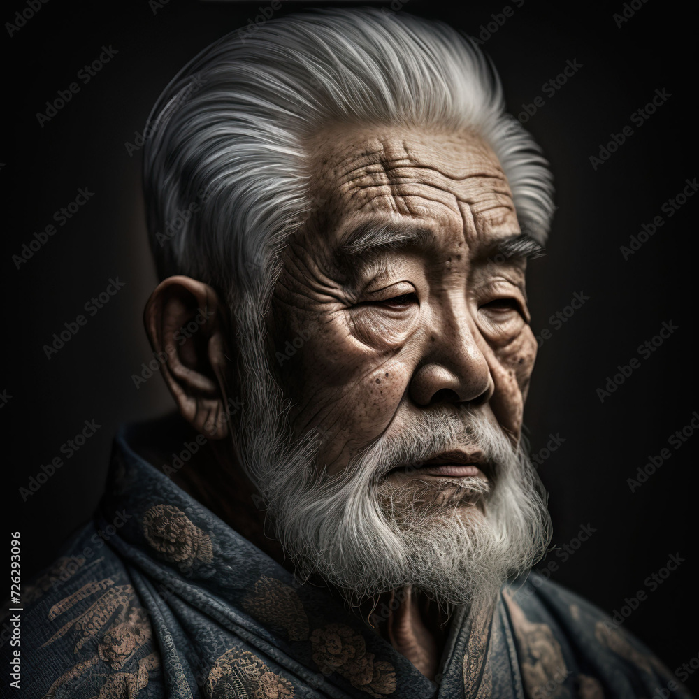 old japanese man with white hair and beard, Generative AI