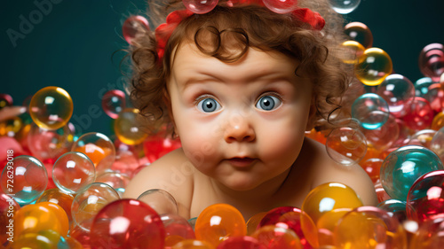 cute baby with funny face surrounded by colored balls, Generative AI
