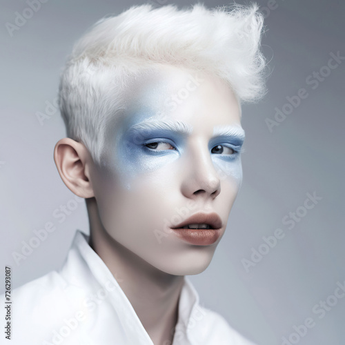 modernist editorial fashion photography of albino male model, Generative AI