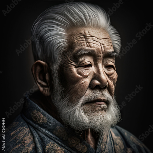 old japanese man with white hair and beard, Generative AI