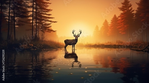 View of the silhouette of an elk deer in calm swamp waters in the middle of the pine tree forest during a foggy morning runrise scene.