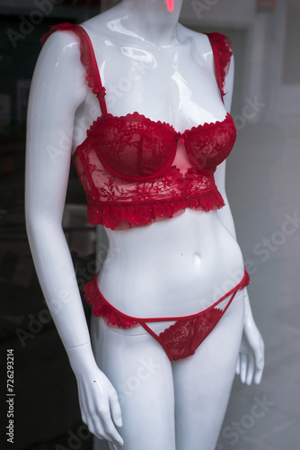 Closeup of red underwear on mannequin in  a fashion store showroom 