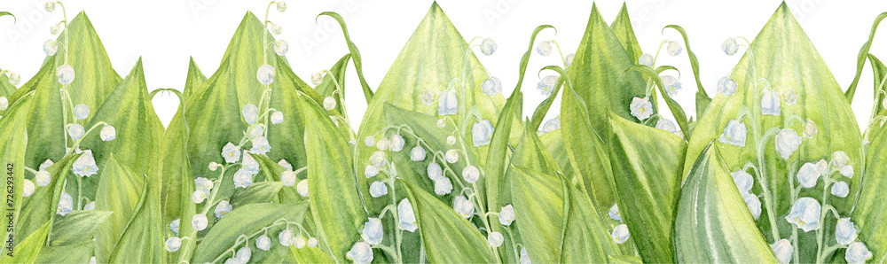 Seamless Border Of Hand Drawn Watercolor Lily Of The Valley Stock ...