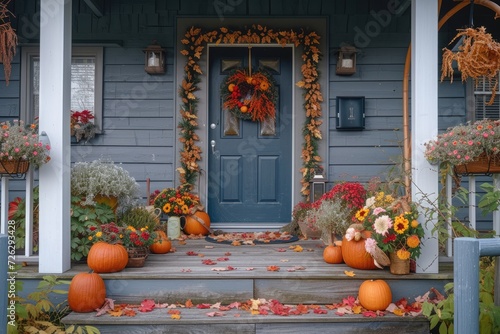 A charming Thanksgiving themed front porch with pumpkins, wreaths, and seasonal flowers