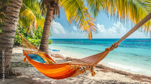 A colorful hammock under palm trees, with a view of the turquoise ocean. © Nim