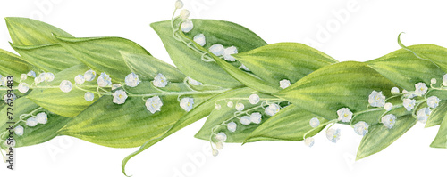 Seamless Border Of Hand Drawn Watercolor Lily Of The Valley