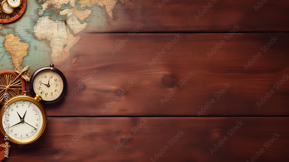 traveler accessories on wood background, travel concept banner, text copy space