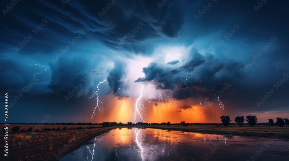 View of a thunderstorm raining in a dark sky, with reflected images in the water beach sea.