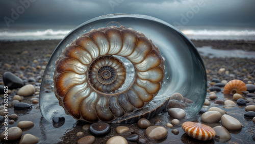 Unreal translucent jelly like membrane shell of a prehistoric ammonite fossil spiral embedded into rocky pebbles and tumbled beach seashells, grey overcast clouds and ocean waves in background. 