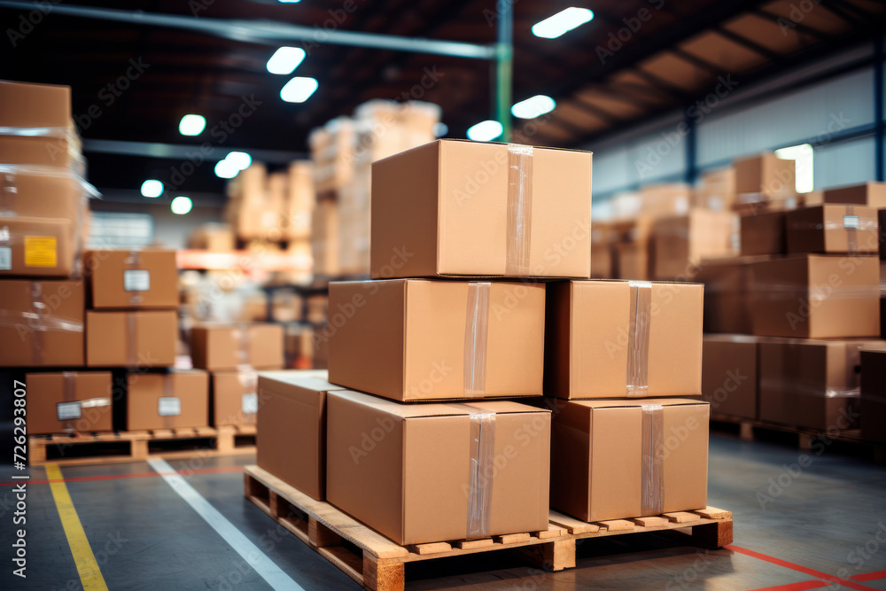 Logistics warehouse with cardboard boxes on shelves. Delivery concept. Logistics warehouse with cardboard boxes on shelves. Delivery concept.