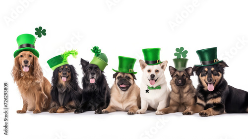 Row of cute dogs wearing green Saint Patrick Day hats on white background. Pretty pets dressed in costumes create festive mood. Festive ideas for pet lovers © lenblr