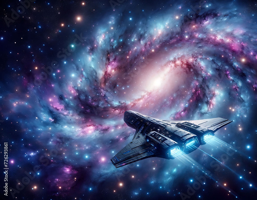 A futuristic spaceship gliding through a vibrant galaxy filled with stars