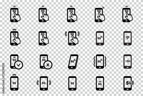 Smartphone Wireless Technology 5G Icons Set  - Different Vector Illustrations Isolated On Transparent Background