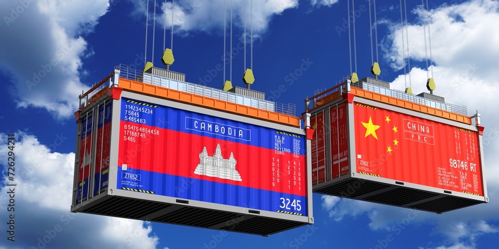Shipping containers with flags of Cambodia and China - 3D illustration