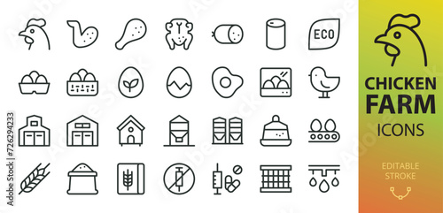 Poultry farm isolated icons set. Set of chicken coop, eggs, feed bin, feed and feeders, chick, poultry drinking, incubator for hatching eggs, henhouse, chicken carcass, wings, legs vector icons
