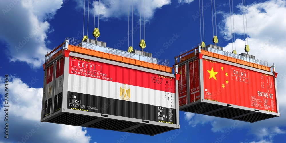 Shipping containers with flags of Egypt and China - 3D illustration