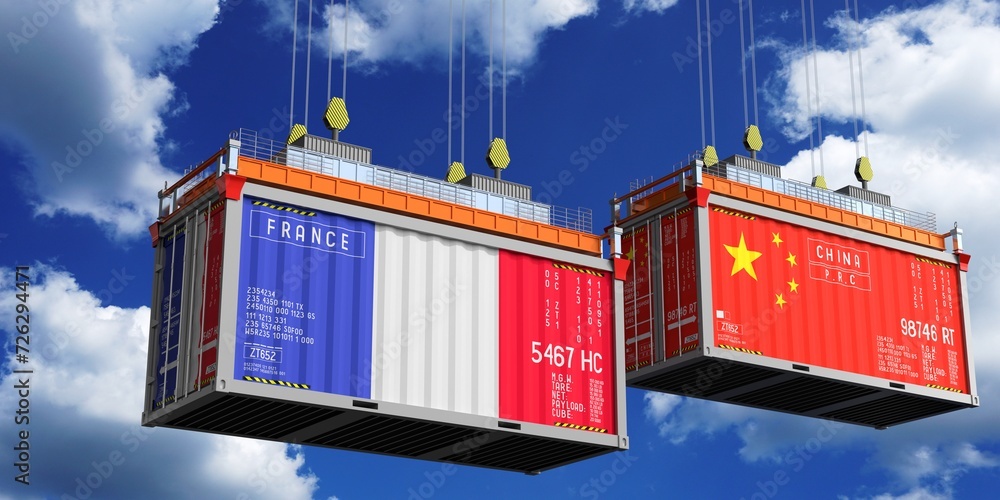 Shipping containers with flags of France and China - 3D illustration