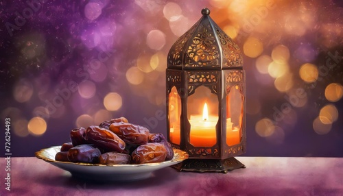 Arabic Lantern with candle and some dates fruit