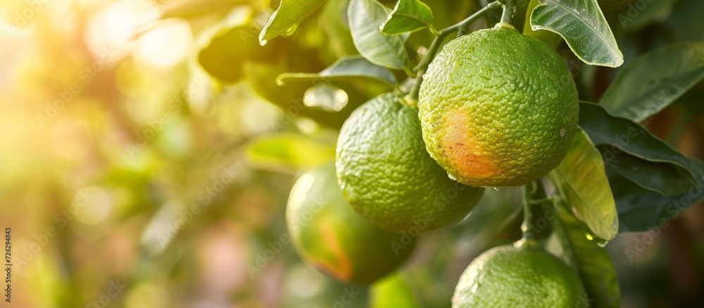 Ripe bergamot oranges hanging on a tree, citrus bergamia. - obrazy, fototapety, plakaty 