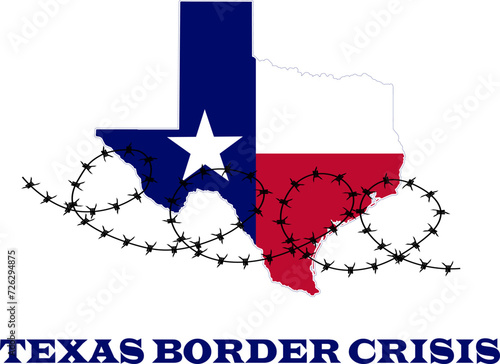 Texas map with Texas flag. Texas border crisis poster. Migrant crisis and feud between Texas and federal authorities