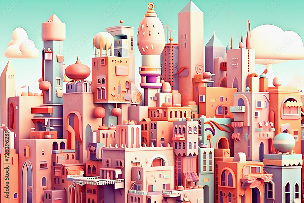 Colorful illustration of cityscape in paper style in peach tones