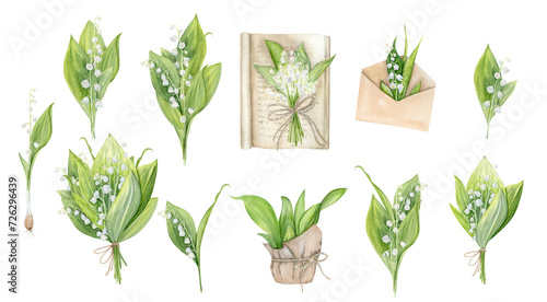 Hand Drawn Watercolor Of Lily Of The Valley Clipart Set photo