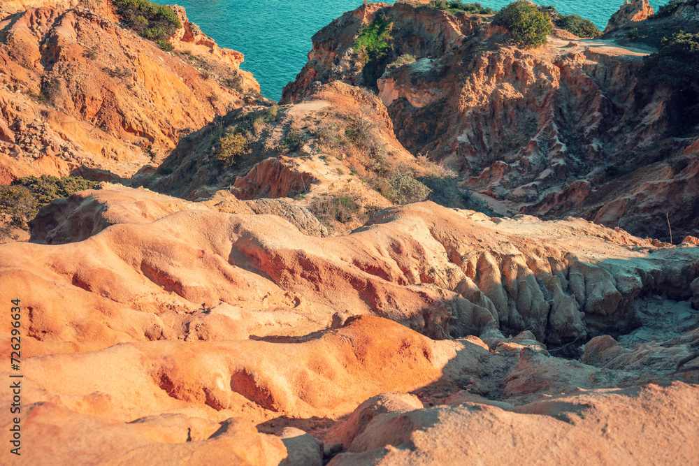 Rocky seascape in the Algarve region in the Atlantic Ocean, Portugal, Europe