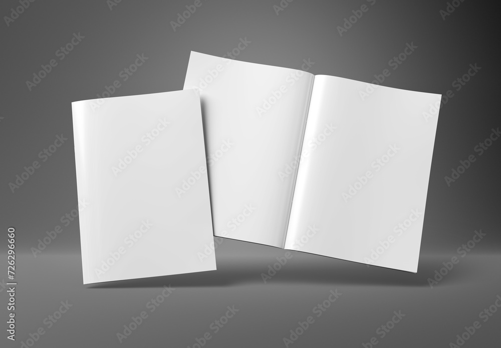 Magazine cover and open magazine mockup on grey. Empty brochure template. 3D rendering Magazine cover and open magazine mockup on grey. Empty brochure template. 3D rendering