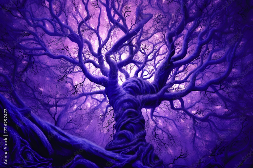 Purple background of surreal tree with branches spreading in different directions. View from below. Magic background for your design Purple background of surreal tree with branches spreading in different directions. View from below. Magic background for your design