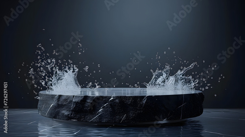 Black stone podium with water splash. Mock up for product, cosmetic presentation. Pedestal, platform for beauty products. Empty scene. Stage, display, showcase. Podium with copy space. .