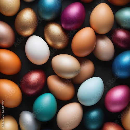 image of colorful eggs on dark background with data processing. 