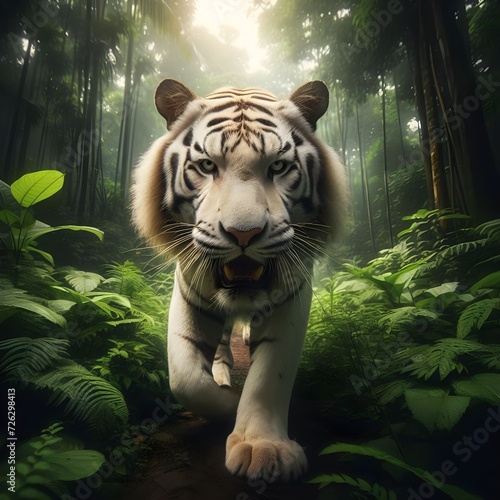 Bengal tiger  the top predator walking through the jungle forest  sharp eyes for food  the greatness of nature  the world of the jungle. Generative AI