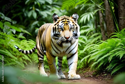 Bengal tiger, the top predator walking through the jungle forest, sharp eyes for food, the greatness of nature, the world of the jungle. Generative AI © slowlife kim