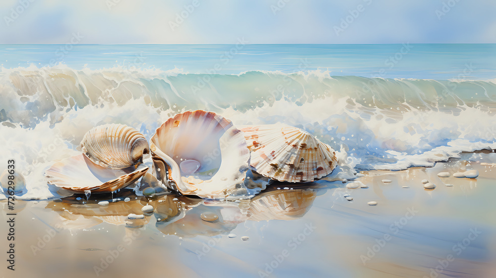 Seashells on the shore with splashing waves Seashells on the shore with splashing waves