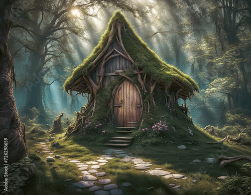 Il était une fois, dans une forêt mystérieuse et enchantée, une petite hutte cachée au cœur d'une clairière secrète photo