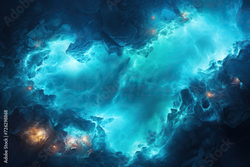 Top view of the sea with neon glow and rocks. Generated by artificial intelligence © Vovmar