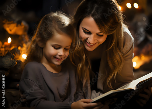  Mother and daughter enjoying a book by the fireplace