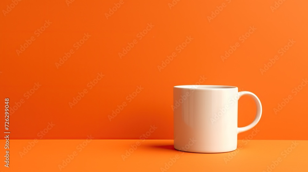 An image depicting a simple yet elegant ceramic coffee cup against a vibrant orange background, representing themes of minimalism, modern design, and the comfort of home with plenty of copy space.